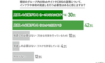 大企業のIT担当者・Web責任者の74.6%が、CMSの運用体制の見直しが必要と回答。そのうち30.1%は2年以内に着手予定